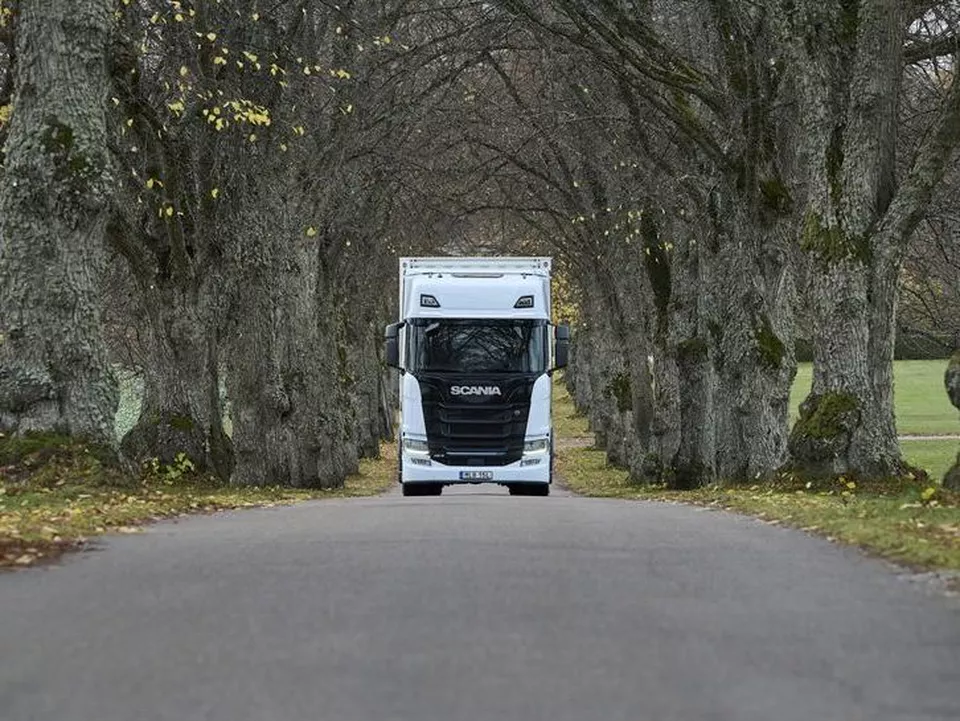 Scania vinner ärofyllt pris Vit ellastbil från Scania. Man ser fronten, den står på asfaltsväg i en allè av gamla träd.